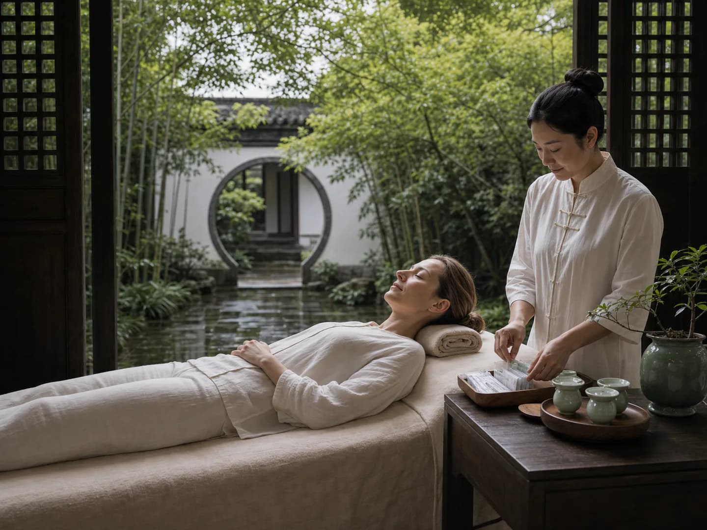 Chinese practitioner preparing an acupuncture experience for an international guest