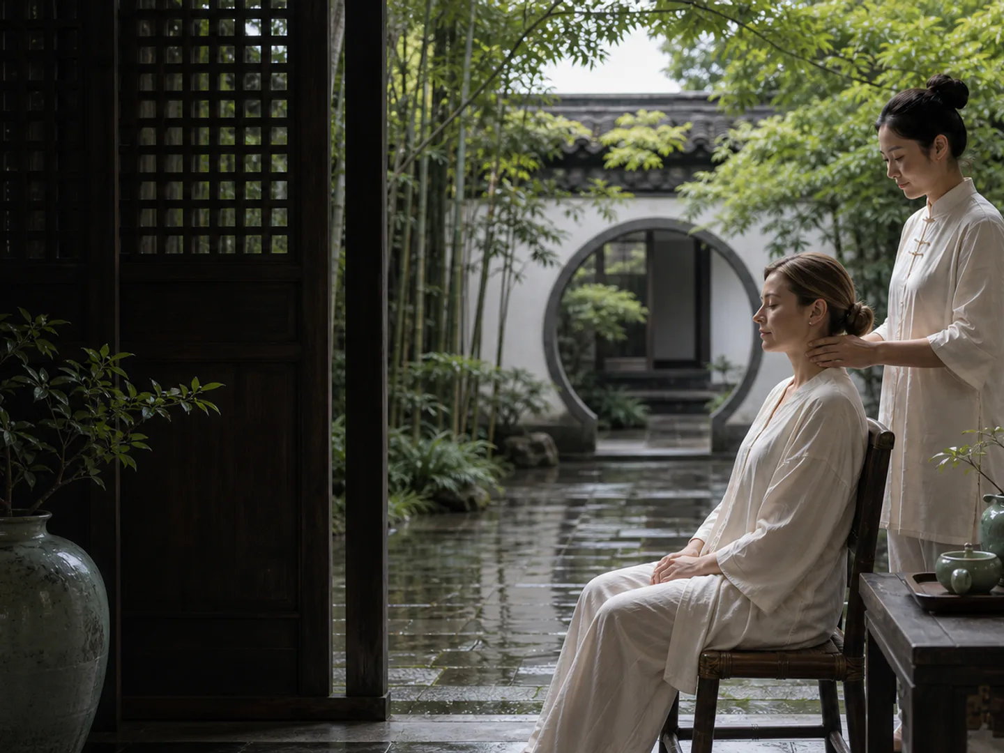 International guest reviewing practical visit details with a Chinese wellness practitioner