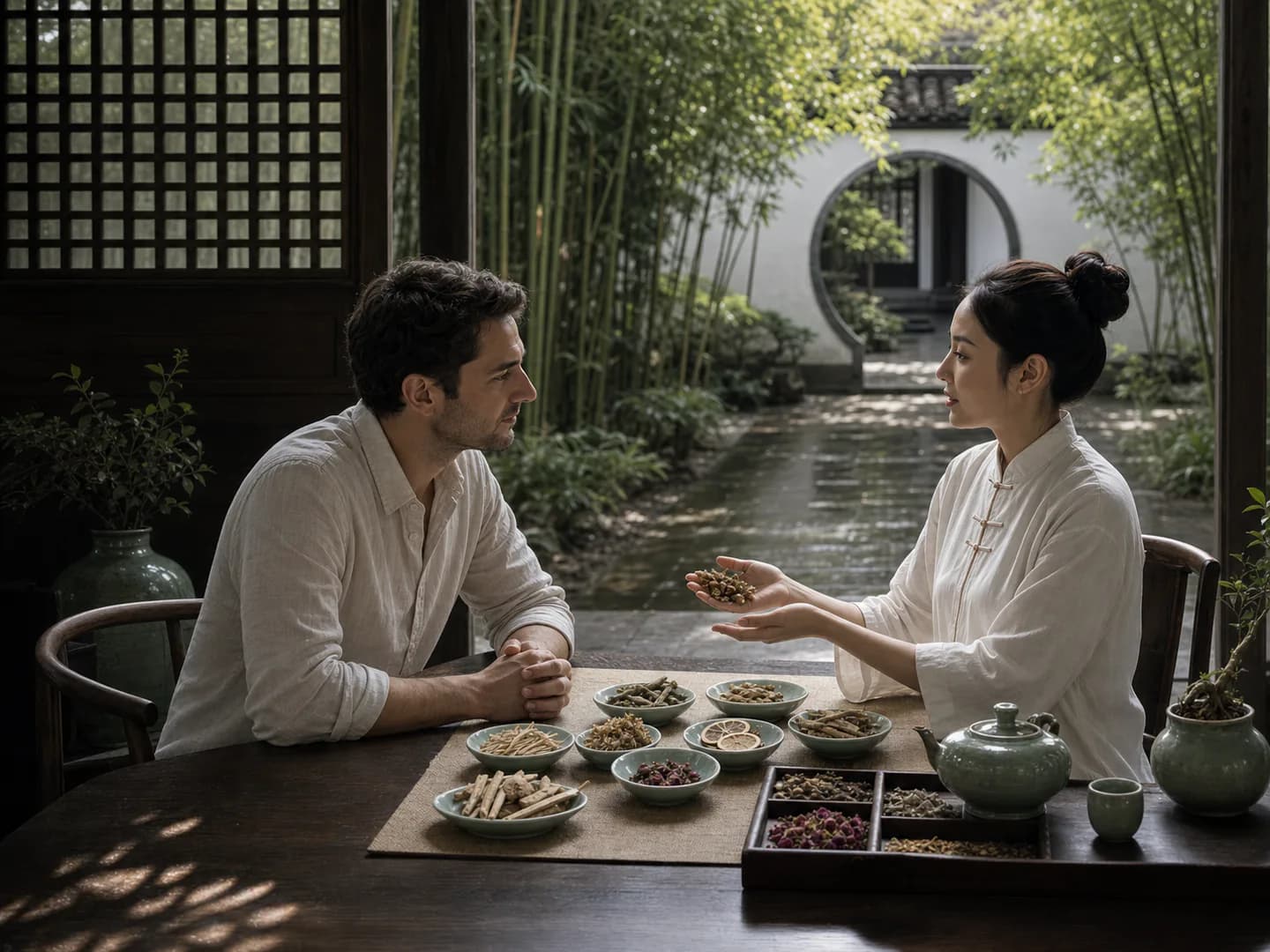 International guest discussing traditional herbal ingredients at a Chinese wellness studio