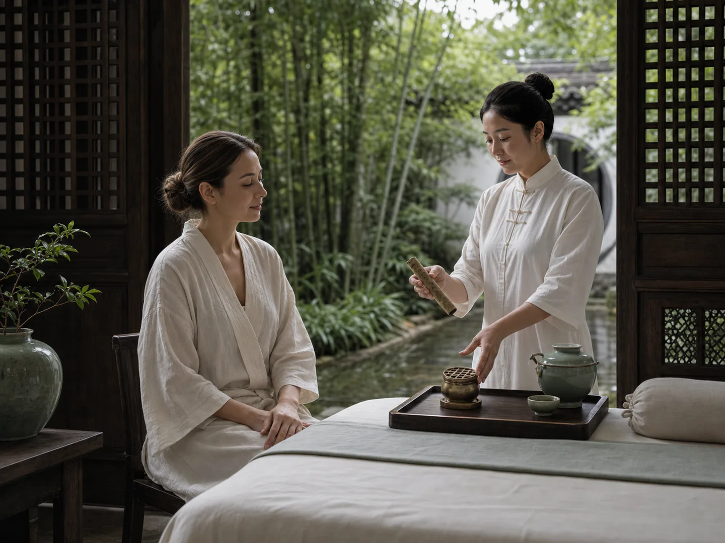 Supervised moxibustion setup with traditional mugwort in a ventilated wellness room